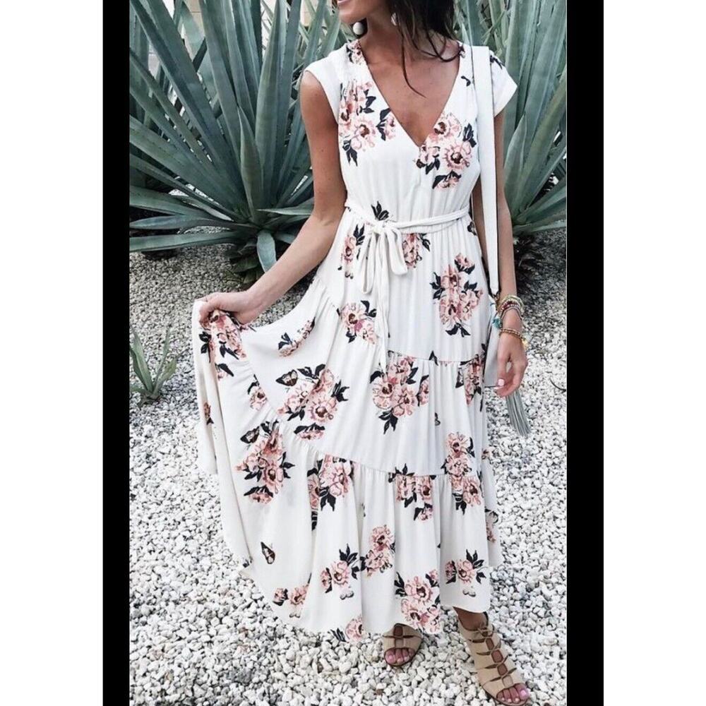 Free People Maxi Dress Sz 6 Floral Boho Romantic Tiered Wedding Party V-Neck​